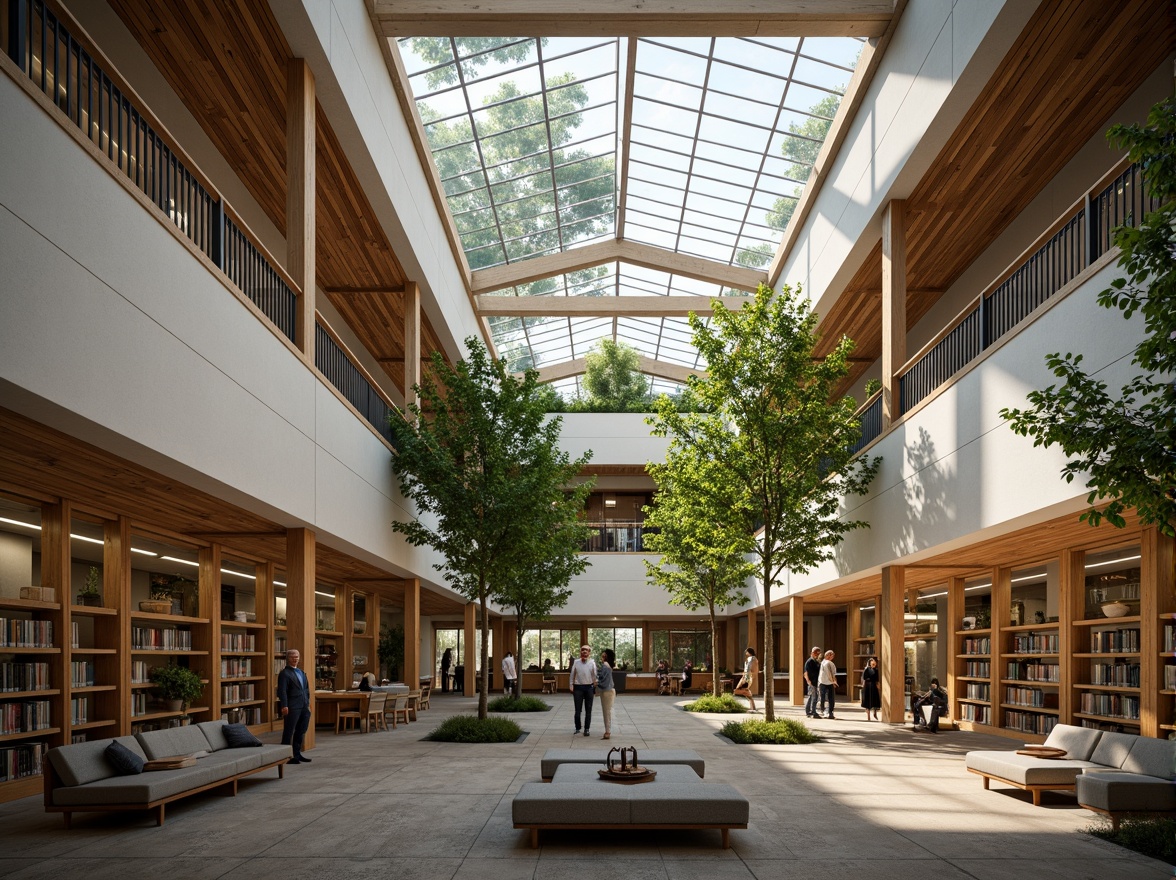 Prompt: Tranquil library interior, natural ventilation systems, clerestory windows, skylights, solar tubes, green roofs, living walls, breathing facades, wind catchers, air chimneys, stack effect, cross ventilation, large overhangs, shaded outdoor spaces, minimal mechanical systems, energy-efficient design, sustainable building materials, wooden accents, comfortable reading areas, soft diffused lighting, warm earthy tones, 1/1 composition, realistic textures, ambient occlusion.