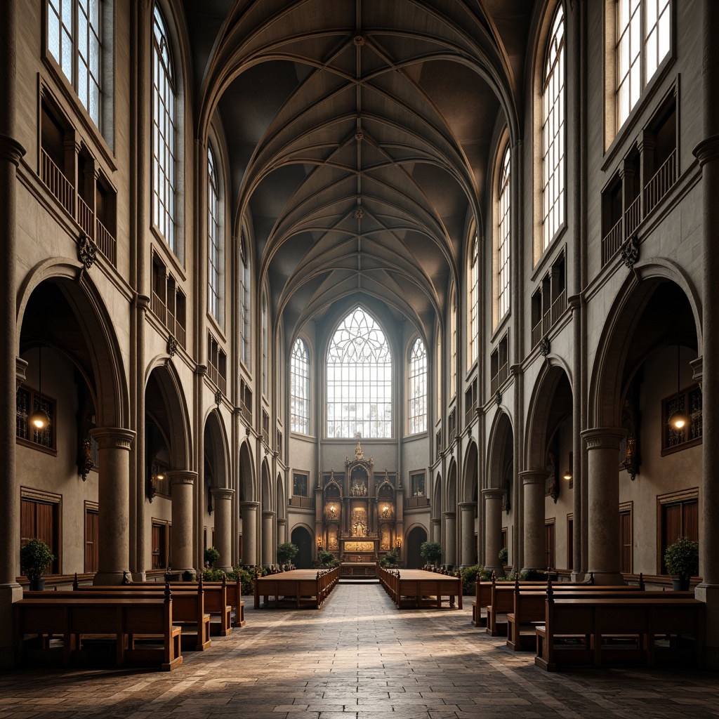 Prompt: Vaulted ceilings, ribbed arches, flying buttresses, stained glass windows, ornate stone carvings, grandiose chapels, dramatic verticality, intricate floor patterns, majestic altar settings, sacred atmospheres, soft warm lighting, misty ambiance, mysterious shadows, 1/1 composition, central axis symmetry, symmetrical fa\u00e7ades, imposing entranceways, heavy wooden doors, wrought iron hardware, ornate balconies, Gothic spires, grand cathedrals, historic landmarks.