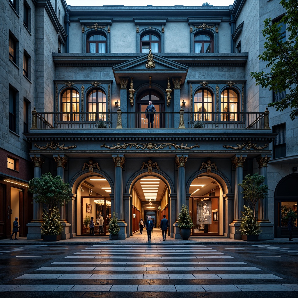 Prompt: Majestic buildings, Prussian blue accents, gold ornaments, ornate details, intricate stonework, grandiose entrance, imposing columns, symmetrical facade, regal atmosphere, luxurious materials, velvet textures, rich jewel tones, majestic archways, dramatic lighting, high contrast shadows, 1/2 composition, cinematic view, realistic reflections.