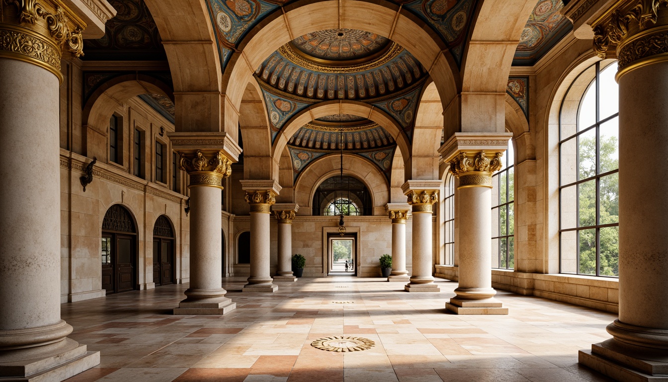 Prompt: Intricate stone carvings, ornate arches, grand domes, golden accents, richly decorated columns, ornamental capitals, vibrant mosaics, marble flooring, warm beige stonework, rustic brick textures, subtle lighting effects, dramatic shadows, 3/4 composition, symmetrical framing, soft focus on background, realistic material renderings.