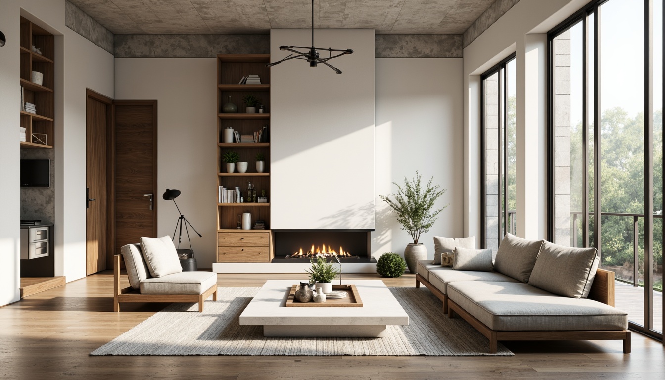 Prompt: Minimalist living room, clean lines, monochromatic color scheme, sleek low-profile furniture, natural textiles, reclaimed wood accents, industrial metal lighting, floor-to-ceiling windows, abundance of natural light, sparse decor, potted greenery, soft warm ambiance, 1/1 composition, realistic reflections, ambient occlusion.