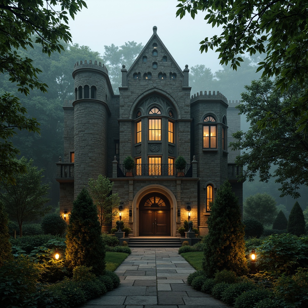 Prompt: Mysterious Gothic office building, ornate stone carvings, pointed arches, ribbed vaults, grandiose entrance, lush English ivy, dark mysterious forests, misty morning atmosphere, warm golden lighting, shallow depth of field, 1/1 composition, symmetrical framing, eerie fog effects, mystical ambient sounds, intricate stone patterning, heavy iron gates, moss-covered statues, overgrown vegetation, abandoned ancient ruins, mystical lanterns, dramatic uplighting, hauntingly beautiful scenery.