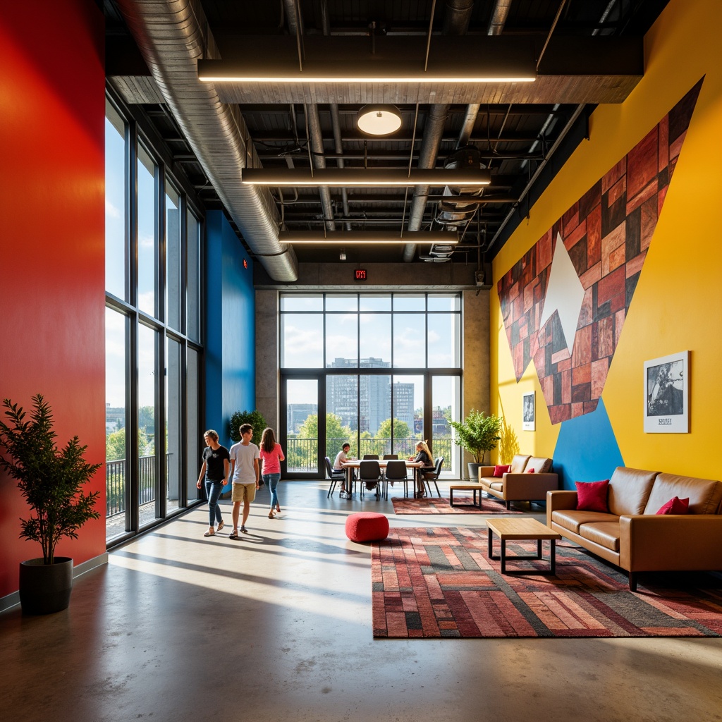 Prompt: Vibrant youth center, bold geometric shapes, primary colors, bright accents, industrial materials, exposed ductwork, polished concrete floors, metal beams, reclaimed wood walls, urban landscape, cityscape views, modern architecture, angular lines, abstract patterns, dynamic lighting, 1/2 composition, shallow depth of field, soft warm glow, futuristic ambiance.