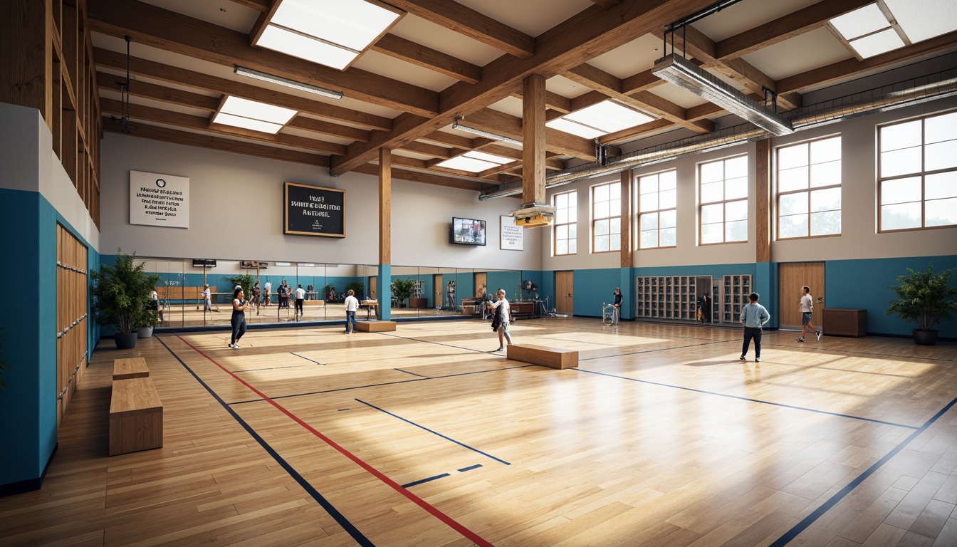 Prompt: Modern gymnasium interior, open floor plan, high ceilings, natural light, wooden flooring, mirrored walls, sports equipment storage, athletic track lanes, basketball courts, volleyball nets, exercise machines, free weights, yoga mats, locker rooms, shower facilities, wooden benches, metal lockers, motivational quotes, inspirational posters, bright color scheme, overhead lighting, soft shadows, shallow depth of field, 1/2 composition, realistic textures.