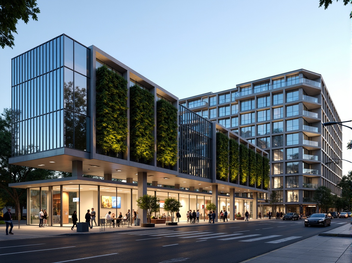 Prompt: Modern dental clinic facade, sleek glass surfaces, minimalist aesthetic, cantilevered rooflines, vertical green walls, natural stone cladding, subtle LED lighting, warm wooden accents, calming color scheme, seamless transitions, large windows, panoramic views, urban cityscape, busy street activity, morning sunlight, shallow depth of field, 3/4 composition, realistic textures, ambient occlusion.