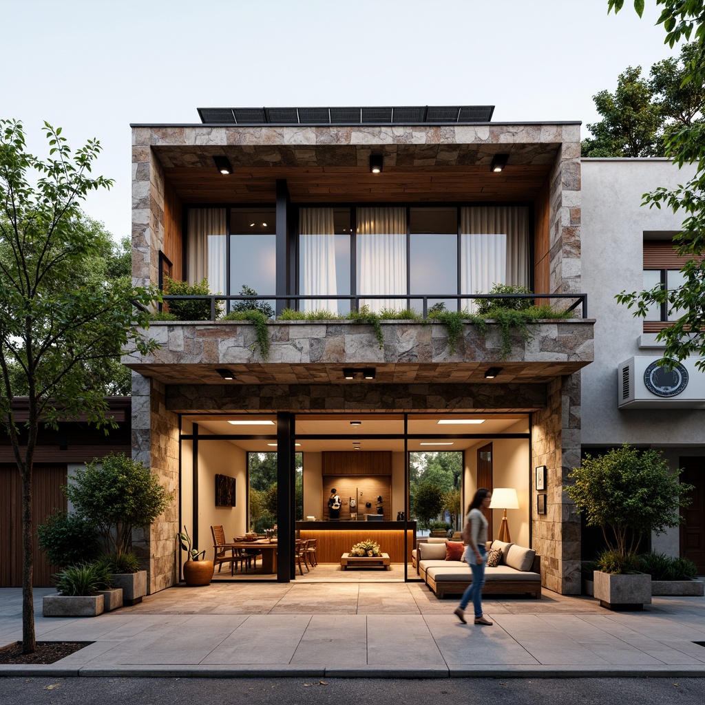 Prompt: Rustic regional bank building, earthy tones, natural stone fa\u00e7ade, wooden accents, exposed brick walls, industrial metal frames, green roofs, solar panels, minimalist interior design, reclaimed wood furniture, warm lighting, cozy atmosphere, 1/1 composition, shallow depth of field, realistic textures, ambient occlusion.