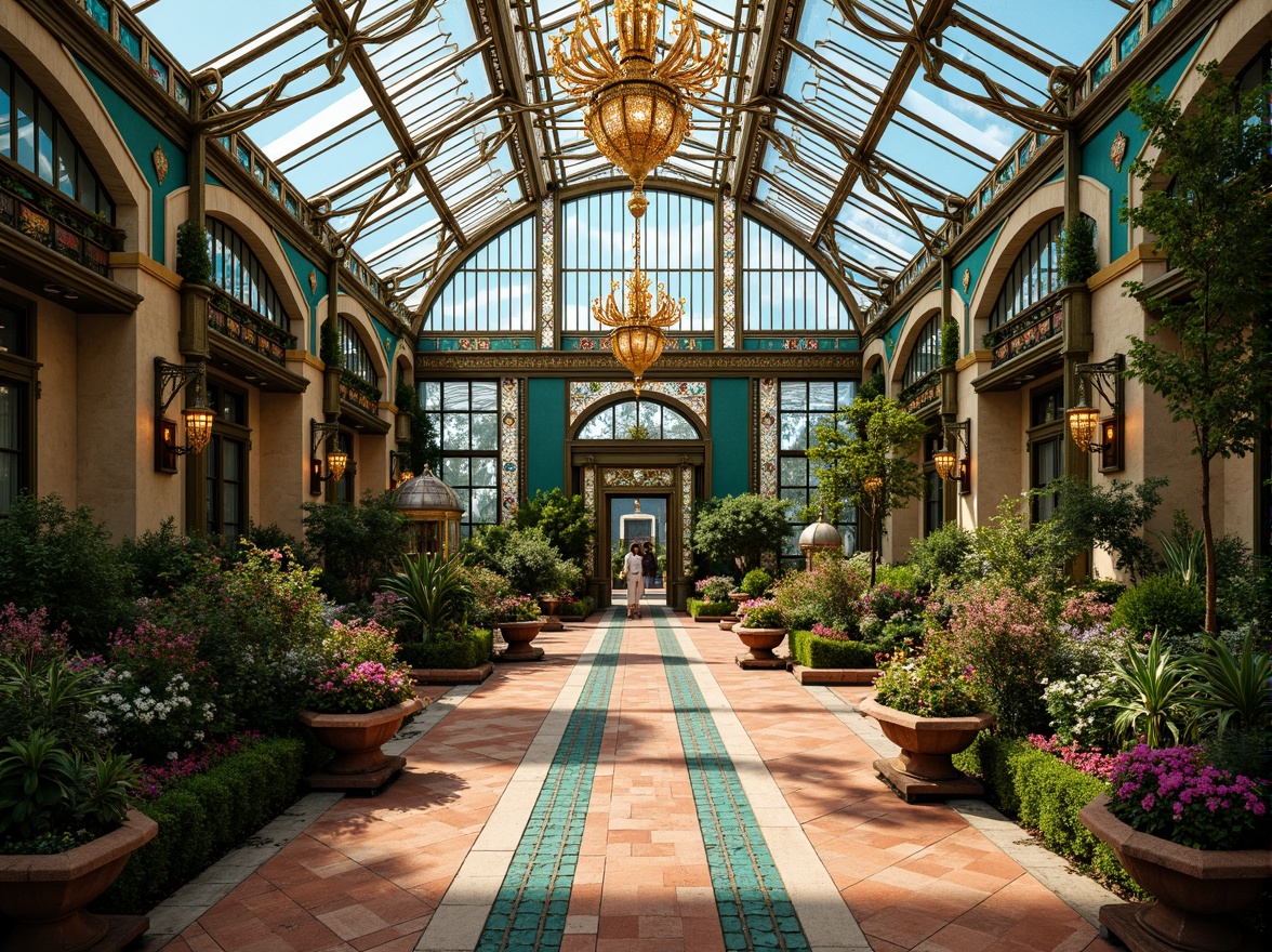 Prompt: Luxurious greenhouse, ornate metal framework, stained glass ceilings, intricate mosaic patterns, lavish botanical displays, tropical plants, exotic flowers, natural stone flooring, polished brass accents, geometric terracotta tiles, vibrant turquoise hues, opulent chandeliers, warm golden lighting, 1/1 composition, shallow depth of field, realistic reflections.