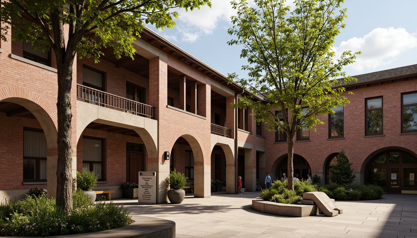 Prompt: Rustic high school building, traditional brick facade, ornate details, earthy tones, textured walls, archways, column supports, courtyard spaces, natural stone accents, vintage educational signage, mature trees, lush greenery, sunny afternoon, soft warm lighting, shallow depth of field, 1/2 composition, realistic textures, ambient occlusion.