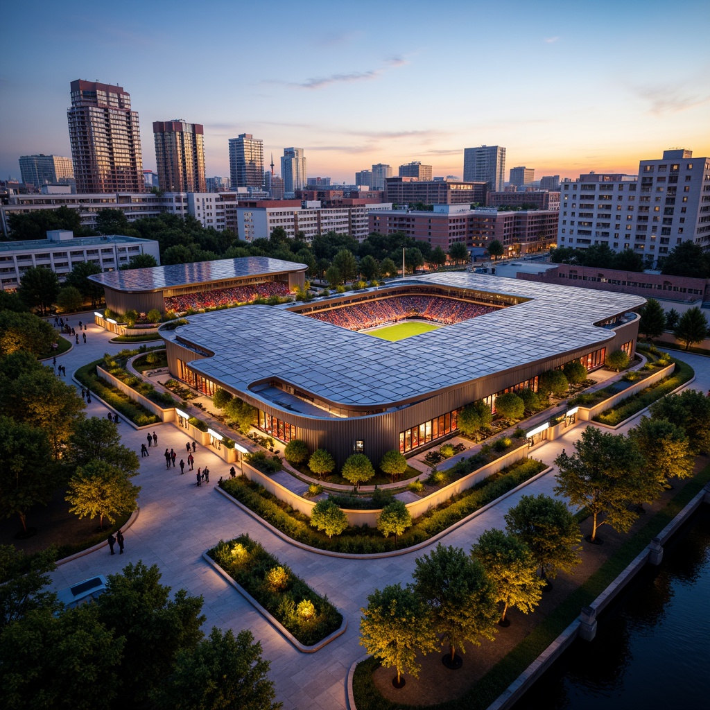 Prompt: Urban stadium, bustling cityscape, modern architecture, sleek metal fa\u00e7ade, cantilevered rooflines, vibrant LED lighting, dynamic crowd atmosphere, tiered seating, lush greenery, urban skyline views, evening twilight ambiance, warm golden lighting, shallow depth of field, 1/2 composition, realistic textures, ambient occlusion.