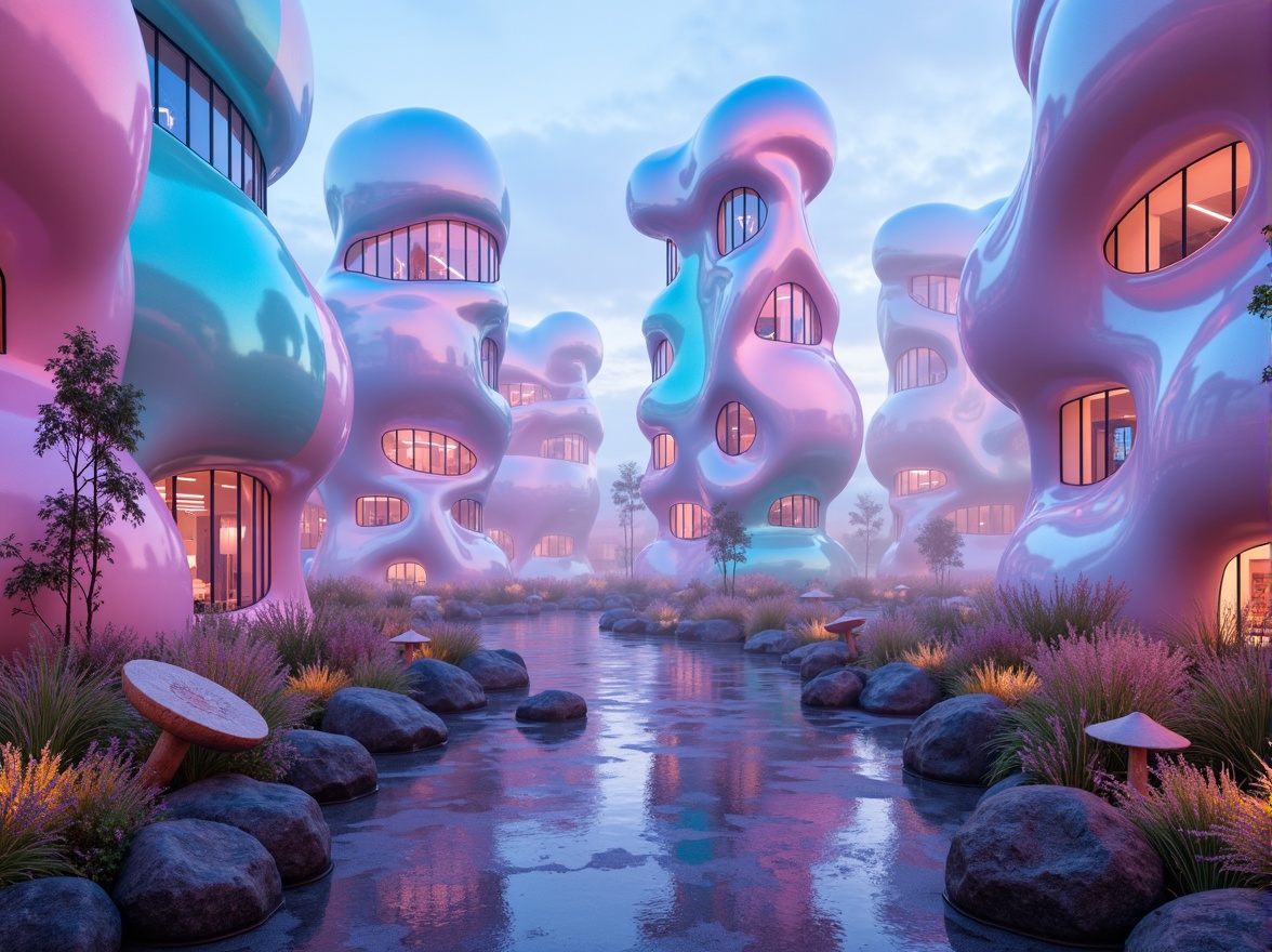 Prompt: Vibrant blob-shaped buildings, futuristic architecture design, iridescent colors, pastel hues, neon lights, glowing accents, metallic sheen, mirror-like reflections, holographic effects, shimmering textures, dreamy ambiance, surreal landscapes, foggy atmosphere, mystical aura, soft gradient transitions, 3D modeling, sci-fi inspiration, abstract patterns, glowing mushrooms, bioluminescent plants, ethereal mist.