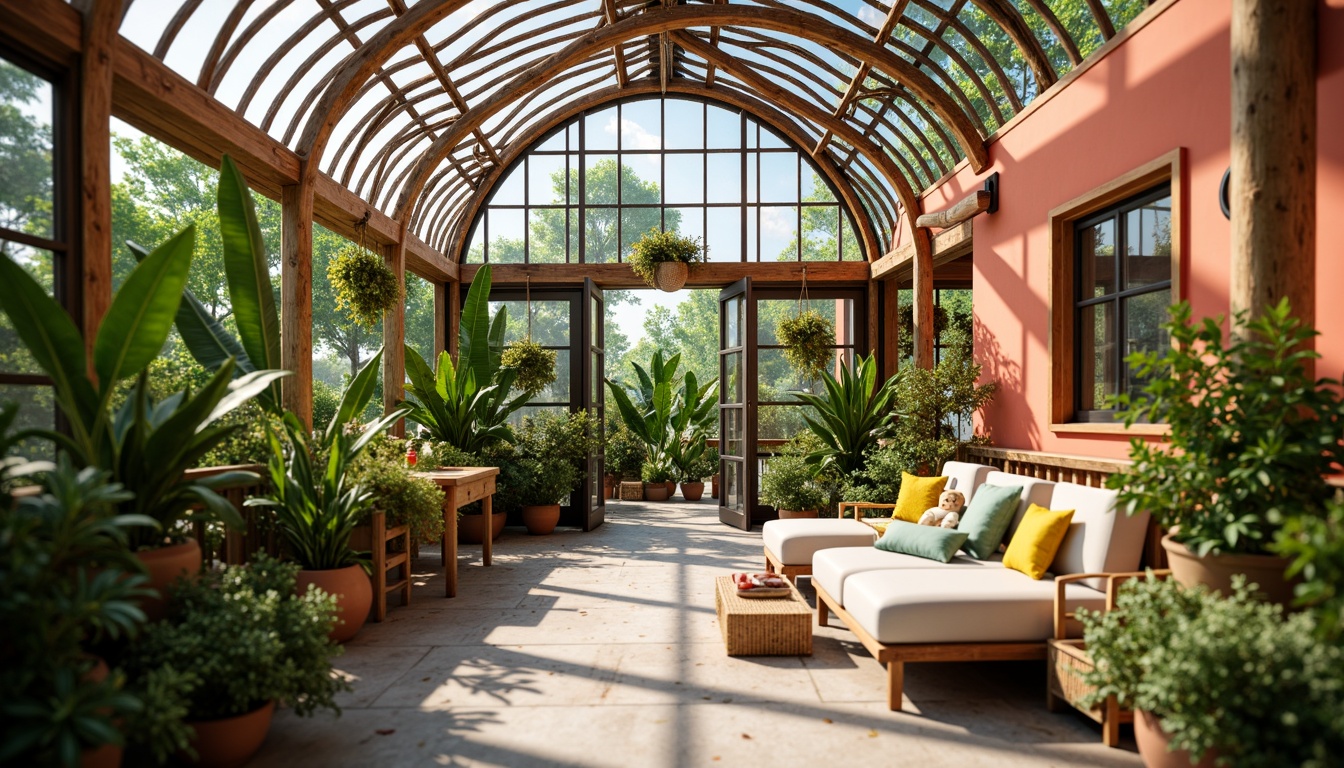 Prompt: Vibrant greenhouse interior, lush tropical plants, warm natural light, wooden trellises, rustic metal frames, earthy terracotta pots, soft misting system, dew-kissed leaves, exotic flower blooms, bright coral walls, sunny yellow accents, fresh mint greenery, natural stone flooring, woven rattan furniture, airy open spaces, whimsical garden ornaments, delicate glass vases, dappled shade, warm afternoon lighting, shallow depth of field, 1/1 composition, realistic textures.