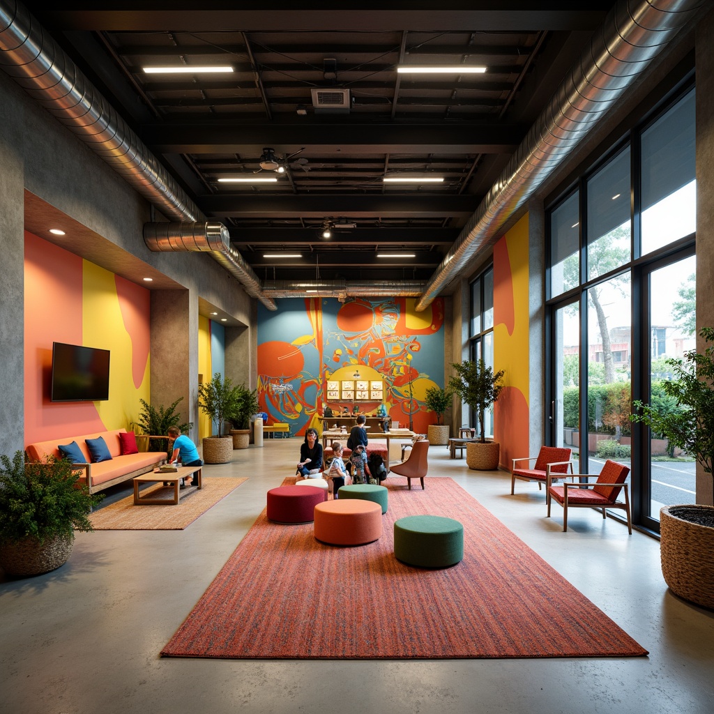 Prompt: Vibrant youth center, modern architecture, bold colors, abstract murals, exposed ductwork, polished concrete floors, wooden accents, eclectic furniture, natural textiles, plants, LED lighting, dynamic shadows, shallow depth of field, 1/1 composition, symmetrical framing, playful atmosphere, energetic vibe, youthful spirit, flexible seating areas, collaborative workspaces, interactive exhibits, immersive experiences, warm ambient glow, softbox lighting.