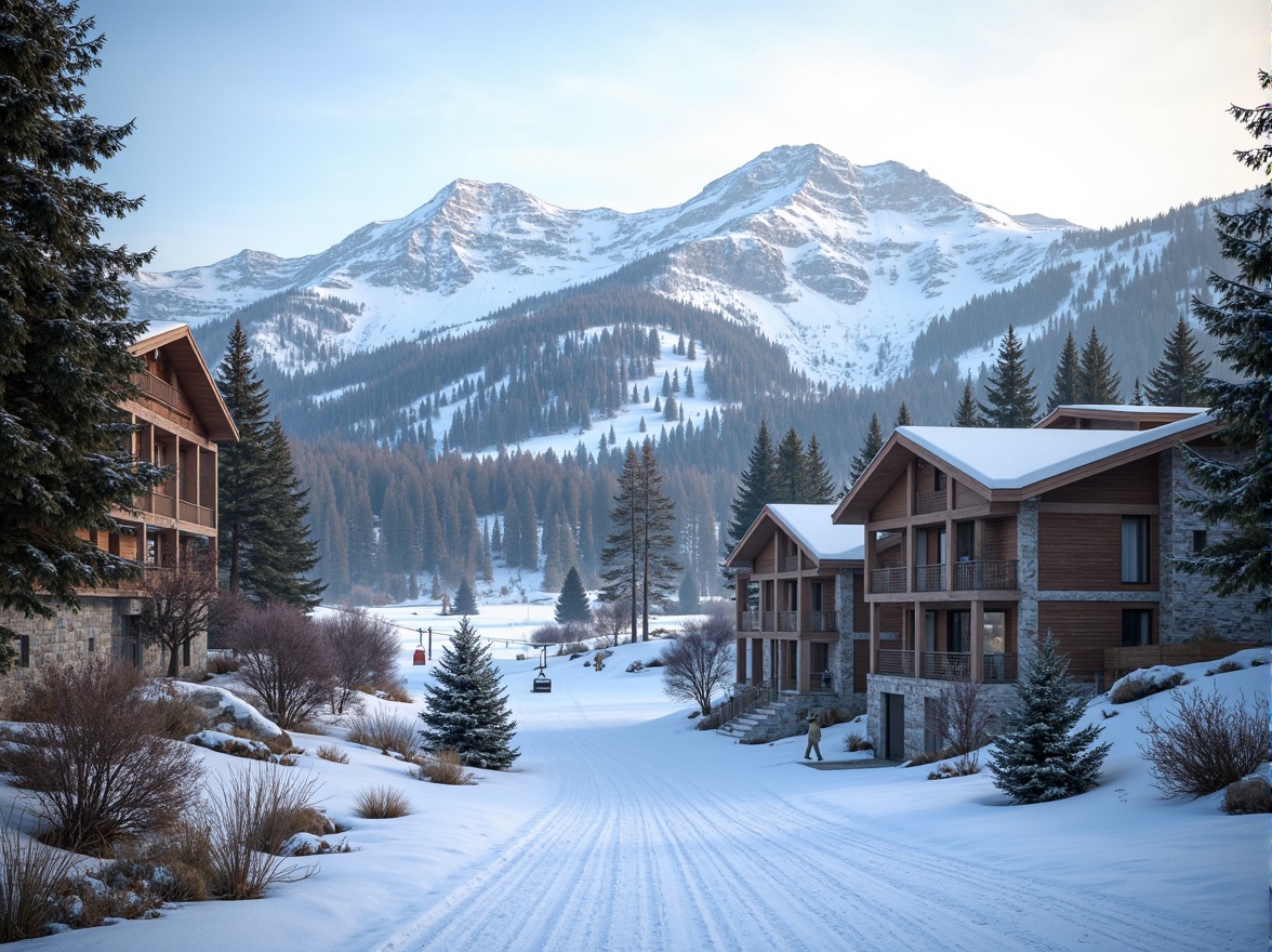 Prompt: Snow-capped mountains, serene forest surroundings, gentle slopes, ski lifts, cable cars, wooden chalets, rustic architecture, natural stone walls, earthy tones, warm cozy lighting, soft powdery snow, misty atmosphere, 3/4 composition, shallow depth of field, panoramic view, realistic textures, ambient occlusion.