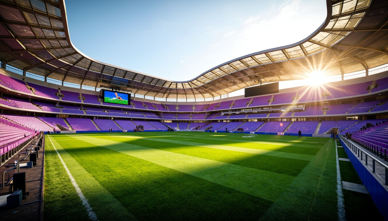 Prompt: Vibrant heliotrope-inspired stadium, bold curved lines, dynamic shapes, electric purple seats, iridescent accents, metallic silver facades, neon green track lights, lush emerald grass, transparent roof panels, open-air atmosphere, warm golden sunbeams, dramatic shadows, 1/2 composition, cinematic lighting, realistic reflections, ambient noise reduction.