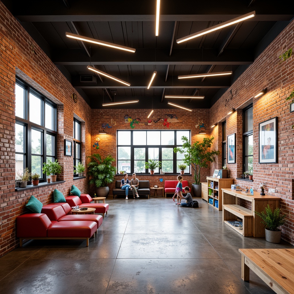 Prompt: Vibrant youth center, exposed brick walls, polished concrete floors, wooden accents, colorful murals, eclectic furniture, neon lighting, playful decorations, modern architectural design, angular lines, bold color schemes, open spaces, natural ventilation, abundant daylight, shallow depth of field, 1/2 composition, realistic textures, ambient occlusion.