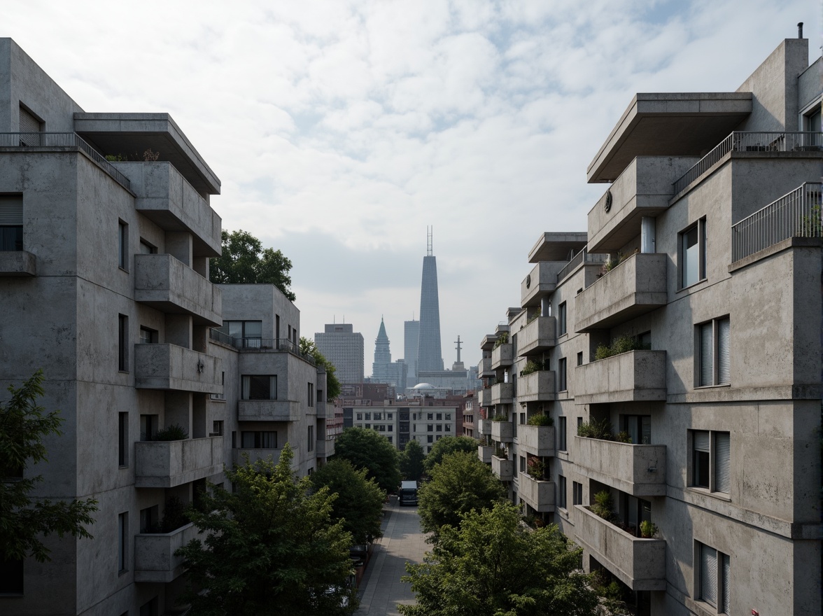 Prompt: Rugged concrete buildings, fortress-like forms, raw unfinished surfaces, brutalist fa\u00e7ades, geometric shapes, chunky volumes, cantilevered roofs, exposed ductwork, industrial materials, minimalist ornaments, urban landscapes, city skylines, overcast skies, dramatic shadows, high-contrast lighting, deep depth of field, 2/3 composition, symmetrical framing, gritty textures, ambient occlusion.