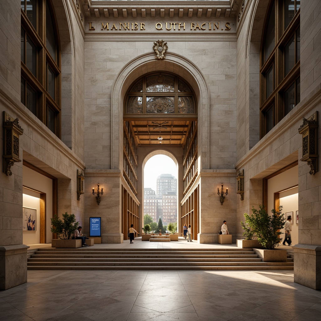 Prompt: Grand museum entrance, imposing stone columns, ornate bronze doors, intricate carvings, classical architecture, symmetrical facade, grand staircase, spacious atrium, high ceilings, natural light pouring in, soft warm illumination, subtle gradient shadows, 1/1 composition, realistic textures, ambient occlusion, elegant typography, educational exhibits, interactive displays, modern minimalist interior, neutral color palette, sophisticated lighting systems, futuristic LED installations.