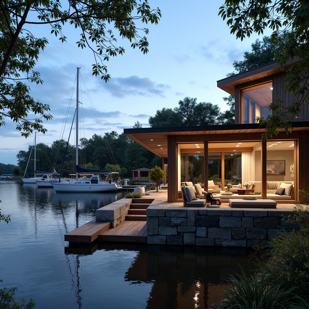 Prompt: Waterfront location, serene lake views, wooden dock, sailboats, rowing boats, nautical ropes, rustic wooden accents, natural stone foundation, modern boathouse design, large windows, sliding glass doors, outdoor seating area, warm string lighting, soft evening ambiance, shallow depth of field, 1/2 composition, realistic water reflections, ambient occlusion.Let me know if you need any adjustments!