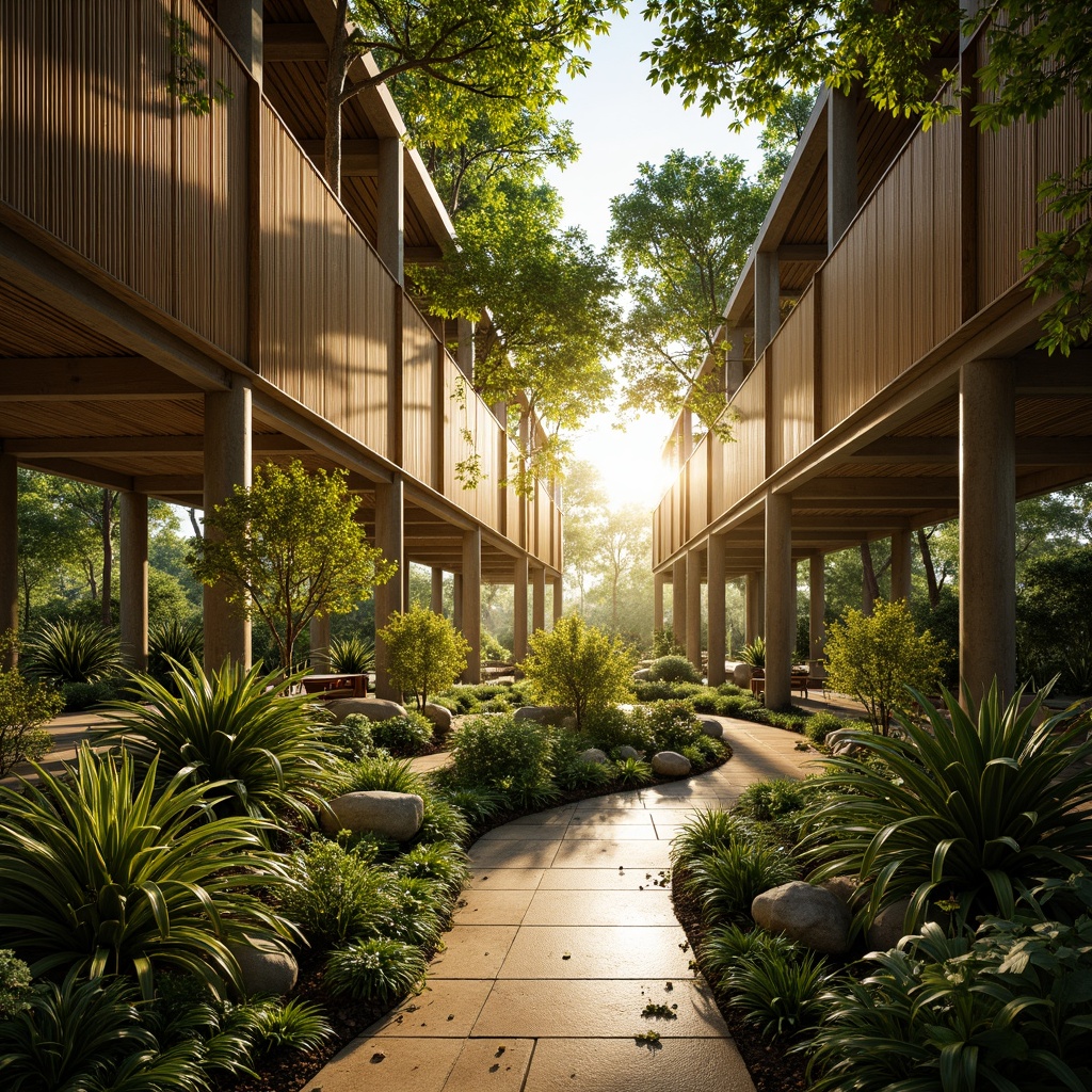 Prompt: Natural bamboo forests, tropical climates, warm sunlight, organic textures, woven bamboo walls, sustainable building materials, eco-friendly architecture, minimalist design, simple lines, earthy tones, natural ventilation systems, open-air spaces, lush greenery, serene atmosphere, shallow depth of field, 1/1 composition, realistic rendering.