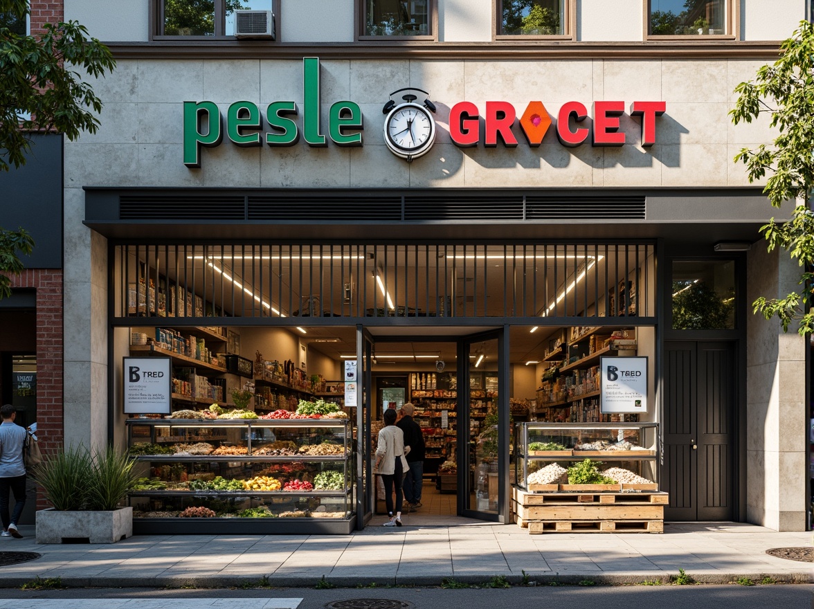 Prompt: Deconstructed grocery store facade, fragmented forms, irregular shapes, distressed finishes, industrial materials, exposed ductwork, metal grids, concrete walls, bold typography, neon signage, vibrant color accents, urban cityscape, busy streets, afternoon sunlight, high-contrast shadows, 1/2 composition, dramatic lighting, realistic textures, ambient occlusion.