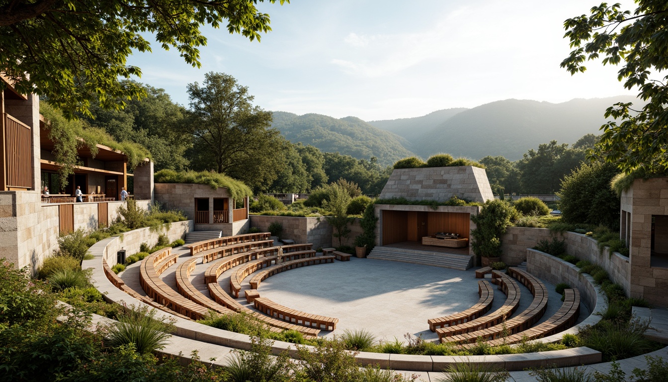 Prompt: Grand amphitheater, natural ventilation system, sustainable architecture, green roofs, lush vegetation, curved seating areas, stone walls, wooden benches, open-air performance space, gentle breeze, soft natural light, warm sunny day, shallow depth of field, 1/2 composition, realistic textures, ambient occlusion.