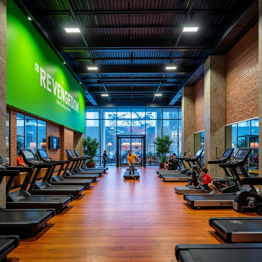 Prompt: Vibrant gymnasium interior, bold color scheme, neon green accents, deep blue tones, energetic orange hues, industrial metal beams, polished wooden floors, modern LED lighting, motivational quotes, dynamic sports equipment, sleek treadmills, futuristic exercise machines, mirrored walls, high ceilings, natural stone columns, urban loft style, abstract geometric patterns, contrasting textures, 3/4 composition, shallow depth of field, realistic renderings.