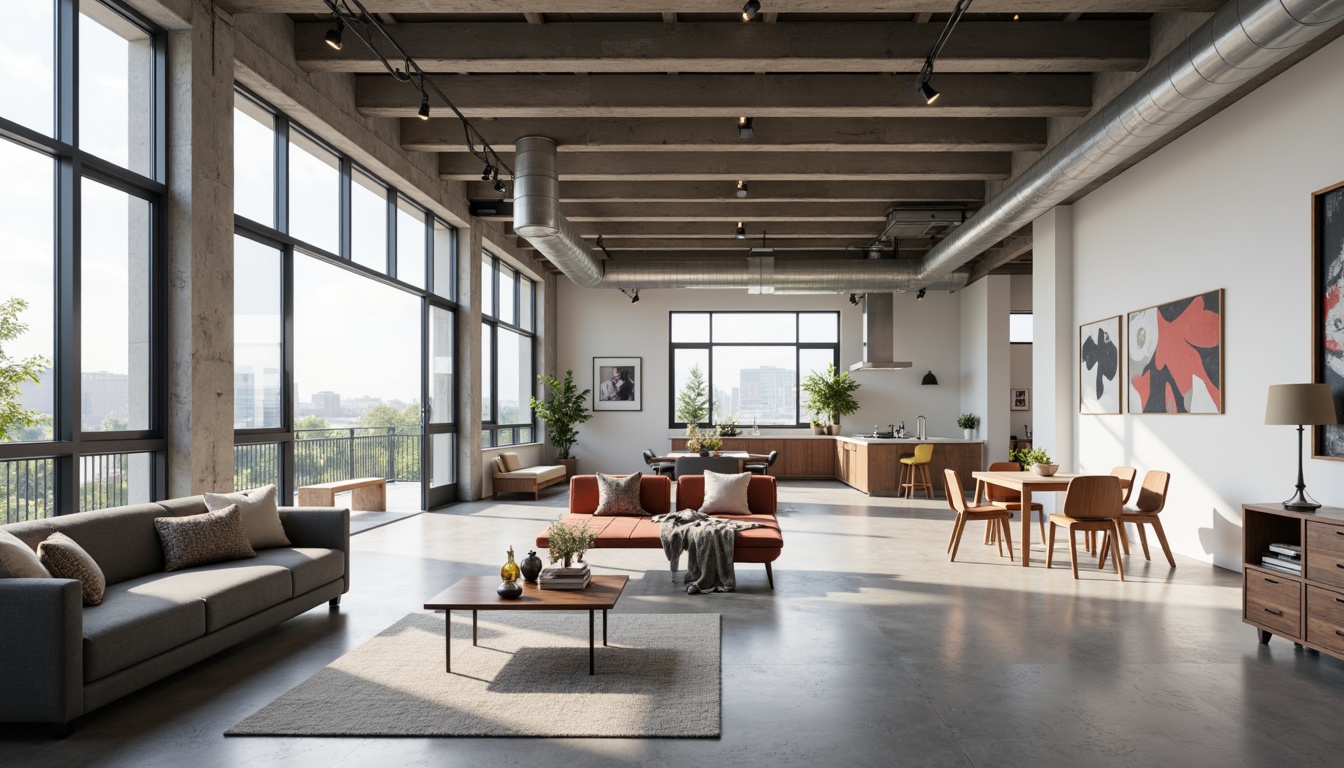 Prompt: Open-plan living space, minimalist decor, industrial materials, exposed ductwork, polished concrete floors, sleek metal beams, floor-to-ceiling windows, abundant natural light, functional simplicity, geometric shapes, primary color accents, sparse furnishings, modernist aesthetic, urban loft atmosphere, functional zones, flowing circulation paths, integrated kitchen-living areas, flexible furniture arrangements, emphasis on function over form, brutalist textures, abstract art pieces, Scandinavian-inspired wooden accents.