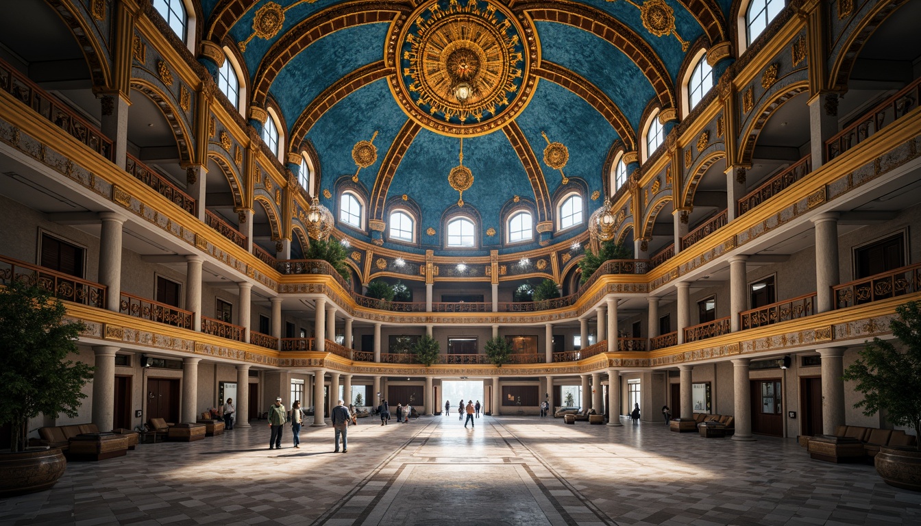 Prompt: Intricate Byzantine-style gymnasium, grandiose dome-shaped roof, ornate golden ornaments, vibrant blue mosaics, intricate stone carvings, arched windows, majestic columns, marble floors, rustic wooden accents, atmospheric lighting, dramatic shadows, 1/2 composition, low-angle shot, realistic textures, ambient occlusion.