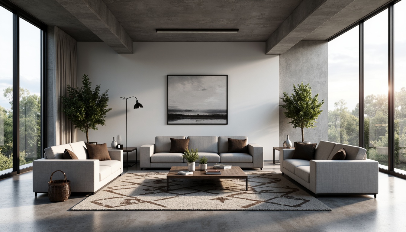 Prompt: Minimalist living room, monochromatic color scheme, sleek low-profile furniture, polished concrete floors, industrial-chic metal accents, floor-to-ceiling windows, abundant natural light, sparse decorative elements, geometric-patterned rug, textured throw blankets, subtle ambient lighting, 1/1 composition, shallow depth of field, realistic reflections, soft warm atmosphere.