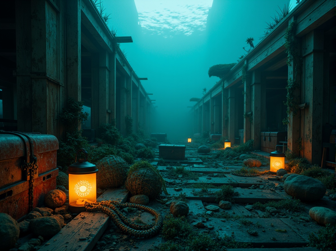 Prompt: Mysterious underwater scene, dark cyan misty atmosphere, glowing jellyfish lanterns, eerie shipwreck ruins, weathered wooden planks, rusty metal chains, foggy oceanic ambiance, low-key dramatic lighting, subtle gradient effects, mystical seaweed-covered rocks, abandoned treasure chests, vintage nautical equipment, faded fishing nets, distressed wood textures, soft focus blur, 1/1 composition, cinematic mood, realistic water simulations.