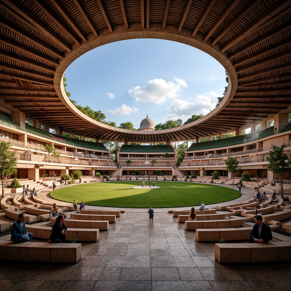 Prompt: Traditional vernacular stadium, local materials, natural stone fa\u00e7ade, wooden beams, earthy tone, rustic texture, regional architectural style, curved lines, arches, domes, Islamic-inspired patterns, intricate tile work, vibrant color scheme, ambient lighting, warm atmosphere, tiered seating, green roofs, eco-friendly materials, sustainable design, energy-efficient systems, shaded outdoor spaces, misting systems, panoramic view, 3/4 composition, realistic textures, ambient occlusion.