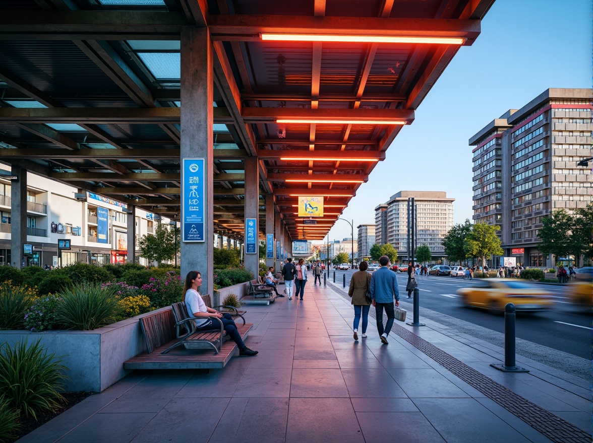 Prompt: Vibrant bus station, urban infrastructure, modern architecture, steel beams, glass roofs, bright LED lights, bold color scheme, dynamic signage, futuristic design, sleek metal benches, polished concrete floors, urban landscaping, cityscape views, morning commute, soft natural light, shallow depth of field, 1/1 composition, realistic textures, ambient occlusion.