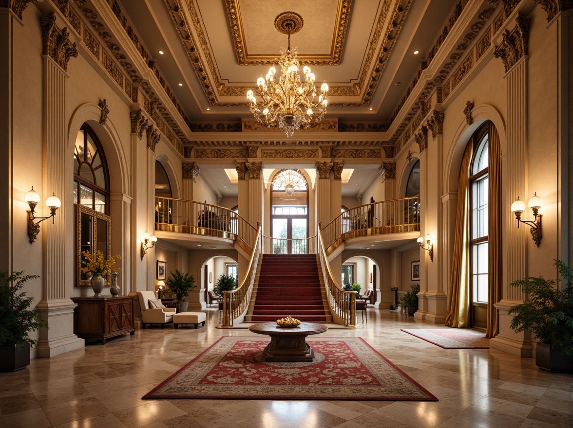 Prompt: Luxurious mansion, grandiose facade, ornate carvings, intricate stonework, lavish furnishings, opulent chandeliers, regal staircases, marble floors, gilded accents, velvet drapes, richly patterned rugs, golden lighting fixtures, warm beige color palette, soft focus, shallow depth of field, 1/2 composition, symmetrical framing, ornate mirror reflections, highly detailed textures.