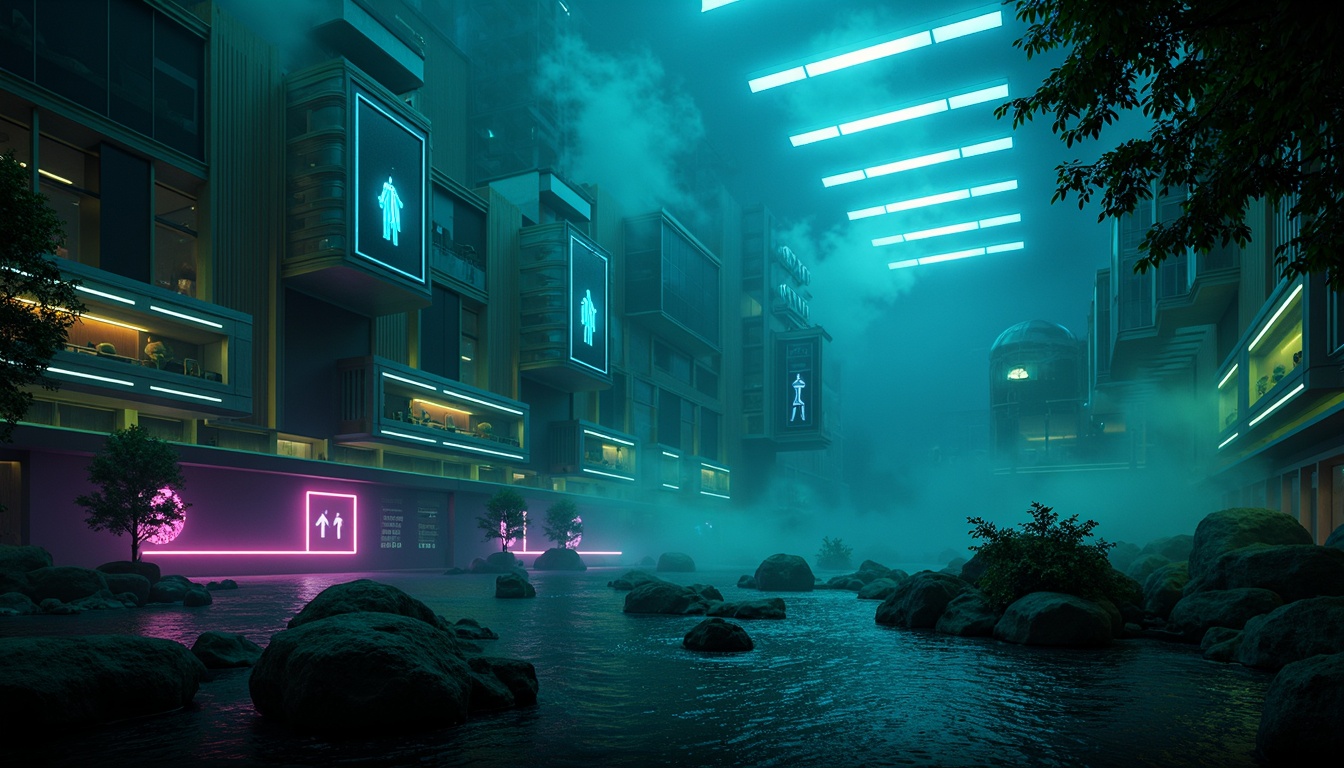 Prompt: Moody dark cyan ambient, mysterious underwater atmosphere, eerie glowing accents, futuristic metallic structures, neon-lit cityscapes, abstract organic shapes, misty foggy weather, atmospheric lighting, 1/1 composition, shallow depth of field, vibrant cyan hues, deep blues, purples, and greens, iridescent materials, holographic textures, cyberpunk-inspired details.