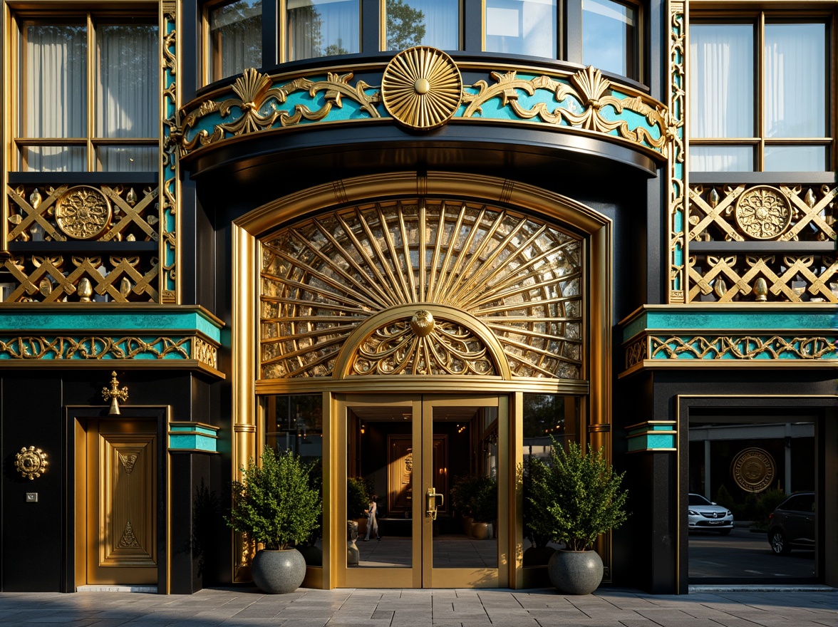 Prompt: Opulent Art Deco building facade, lavish ornamentation, intricate metalwork, ornate geometric patterns, luxurious materials, polished chrome accents, glossy black marble, vibrant turquoise details, stylized florals, sunburst motifs, chevron designs, zigzag patterns, metallic sheen, warm golden lighting, high-contrast shadows, dramatic reflections, 1/2 composition, close-up shot, realistic textures, ambient occlusion.