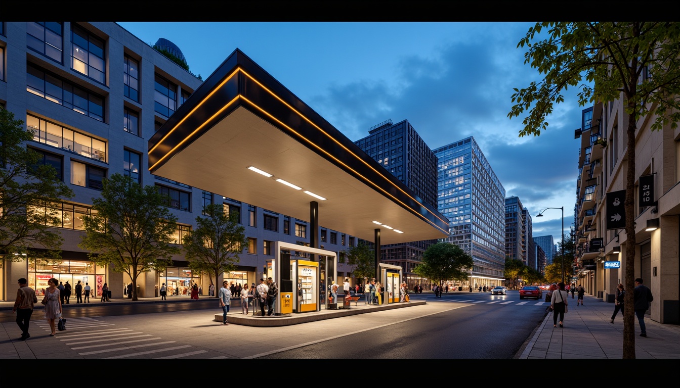 Prompt: Futuristic gas station, sleek metal canopy, LED lighting strips, cantilevered rooflines, bold angular lines, modern minimalist architecture, glass and steel fa\u00e7ade, neon signage, urban cityscape, bustling streets, vibrant nightlife, warm golden lighting, shallow depth of field, 3/4 composition, panoramic view, realistic reflections, ambient occlusion, futuristic fuel pumps, digital display screens, sustainable energy solutions, solar panels, green roofs, eco-friendly materials.