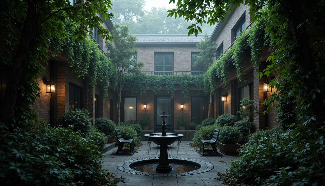 Prompt: Mysterious office courtyard, overgrown ivy, twisted vines, grand stone fountains, intricate ironwork benches, lantern-style lighting, dark mysterious woods, misty atmosphere, foggy morning, eerie silence, dramatic shadows, asymmetrical composition, Dutch angle shot, high contrast ratio, rich textures, ambient occlusion.