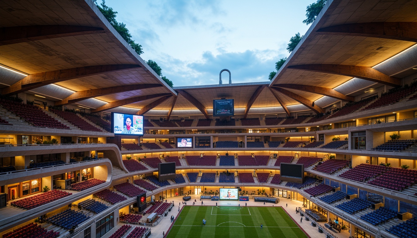 Prompt: Rustic stadium architecture, earthy tone facades, undulating rooftops, cantilevered seating areas, reinforced concrete structures, exposed steel beams, natural ventilation systems, grand entrance archways, vibrant colorful seats, dynamic lighting installations, evening ambience, low-angle shot, 1/2 composition, contextual textures, soft focus blur.