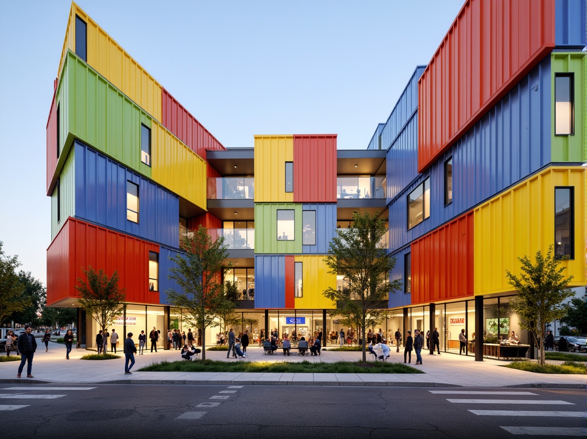 Prompt: Vibrant youth center, dynamic fa\u00e7ade, geometric shapes, bold color blocking, abstract patterns, industrial materials, exposed ductwork, metal cladding, concrete walls, minimalist windows, cantilevered roofs, asymmetrical composition, futuristic ambiance, urban context, cityscape views, morning sunlight, soft warm lighting, shallow depth of field, 2/3 composition, realistic textures, ambient occlusion.