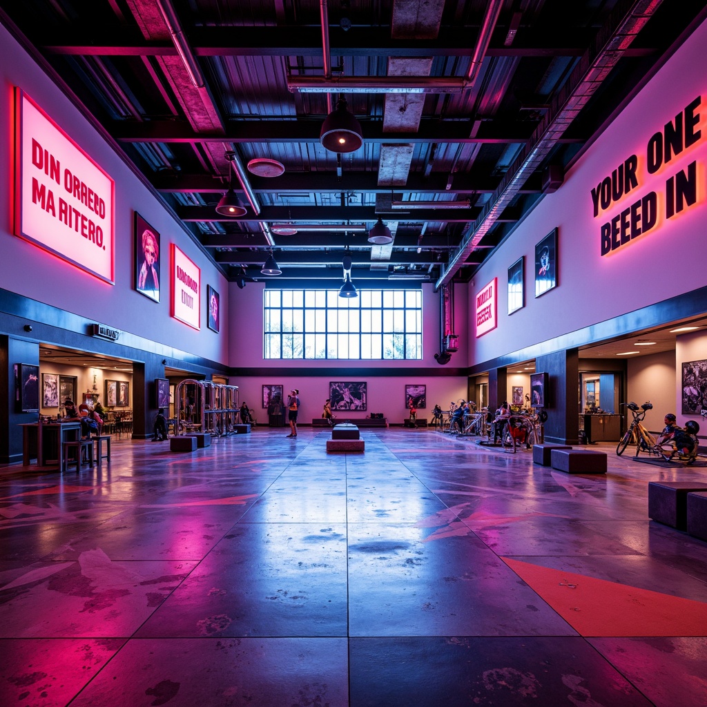 Prompt: Vibrant gymnasium interior, bold color scheme, energetic atmosphere, neon-lit accents, metallic finishes, glossy floors, dynamic shapes, geometric patterns, motivational quotes, inspirational posters, state-of-the-art equipment, sleek lines, modern architecture, natural light pouring in, soft box lighting, high ceilings, open spaces, urban aesthetic, edgy textures, abstract art pieces, bold typography, 2/3 composition, shallow depth of field, realistic render.