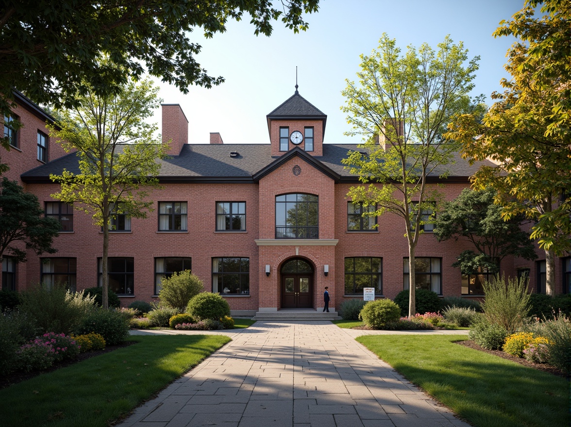 Prompt: Traditional high school building, rustic brick facade, ornate archways, vintage clock tower, manicured lawns, mature trees, educational signage, worn stone pathways, symmetrical composition, warm natural lighting, shallow depth of field, 1/2 camera angle, realistic textures, ambient occlusion.