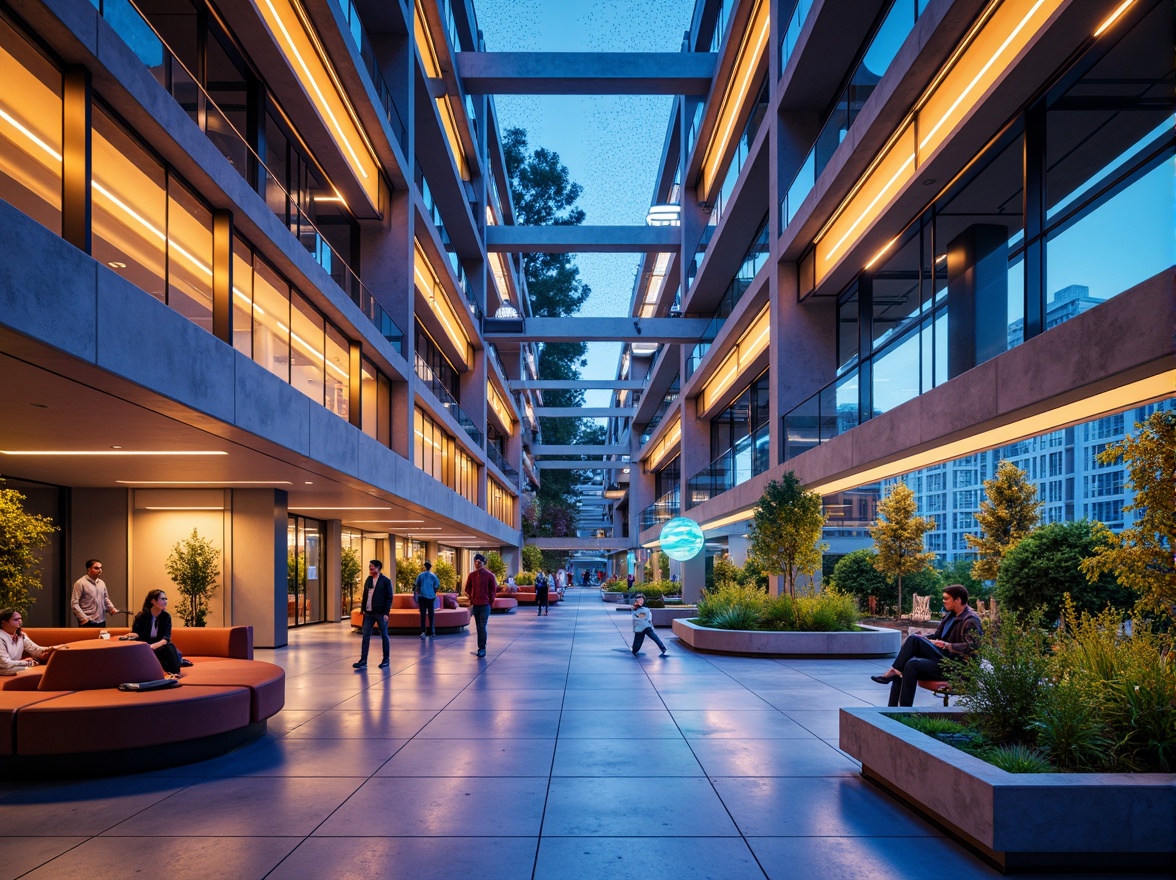 Prompt: Futuristic student halls, neon-lit corridors, holographic signage, metallic accents, minimalist decor, curved lines, sustainable green roofs, vertical gardens, hydroponic systems, LED lighting, ambient misting, futuristic furniture, vibrant color schemes, geometric patterns, abstract sculptures, panoramic city views, 1/1 composition, soft focus blur, warm atmospheric lighting.