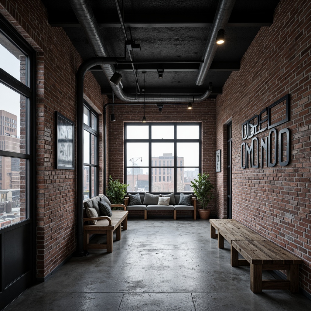 Prompt: Exposed brick walls, metal beams, industrial pipes, functionalist architecture, minimalist decor, monochromatic color scheme, steel windows, concrete floors, reclaimed wood accents, urban cityscape, cloudy day, high-contrast lighting, dramatic shadows, 1/1 composition, symmetrical framing, bold typography, distressed textures, ambient occlusion.