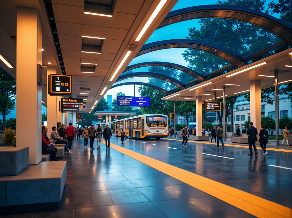 Prompt: Vibrant bus station, urban landscape, modern architecture, curved lines, bold typography, bright LED lighting, stainless steel fixtures, polished concrete floors, sleek glass roofs, dynamic color scheme, warm beige tones, deep blue accents, energetic orange hues, cool gray backgrounds, futuristic atmosphere, bustling crowd, morning commute, soft natural light, 1/1 composition, shallow depth of field.