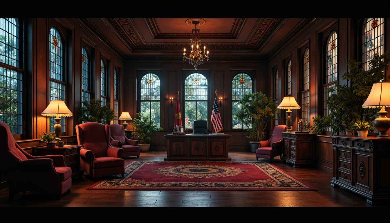 Prompt: Dark mysterious office space, grandiose wooden furniture, ornate metal details, lavish velvet upholstery, rich jewel-toned colors, deep crimson reds, midnight blues, emerald greens, warm golden lighting, dramatic shadows, high ceilings, stained glass windows, intricate stone carvings, luxurious textures, mysterious ambiance, eerie silence, 1/1 composition, low-key lighting, cinematic mood.