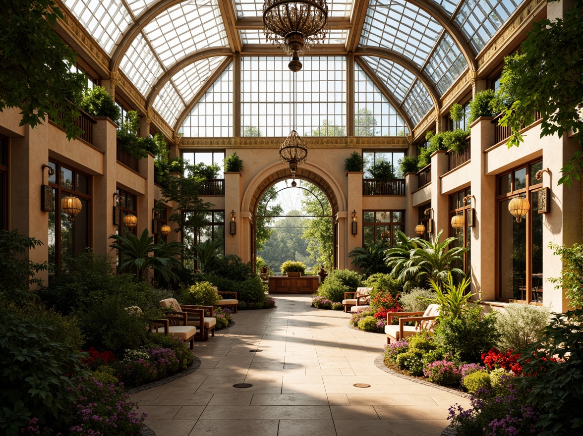 Prompt: Luxurious Art Deco greenhouse, ornate metal framework, stained glass windows, symmetrical geometric patterns, lush tropical plants, vibrant colorful flowers, warm soft lighting, golden bronze accents, elegant curved lines, opulent chandeliers, crystal prisms, subtle gradient effects, warm beige stonework, lavish furnishings, majestic high ceilings, abundant natural light, 1/1 composition, soft focus blur, realistic glass reflections.