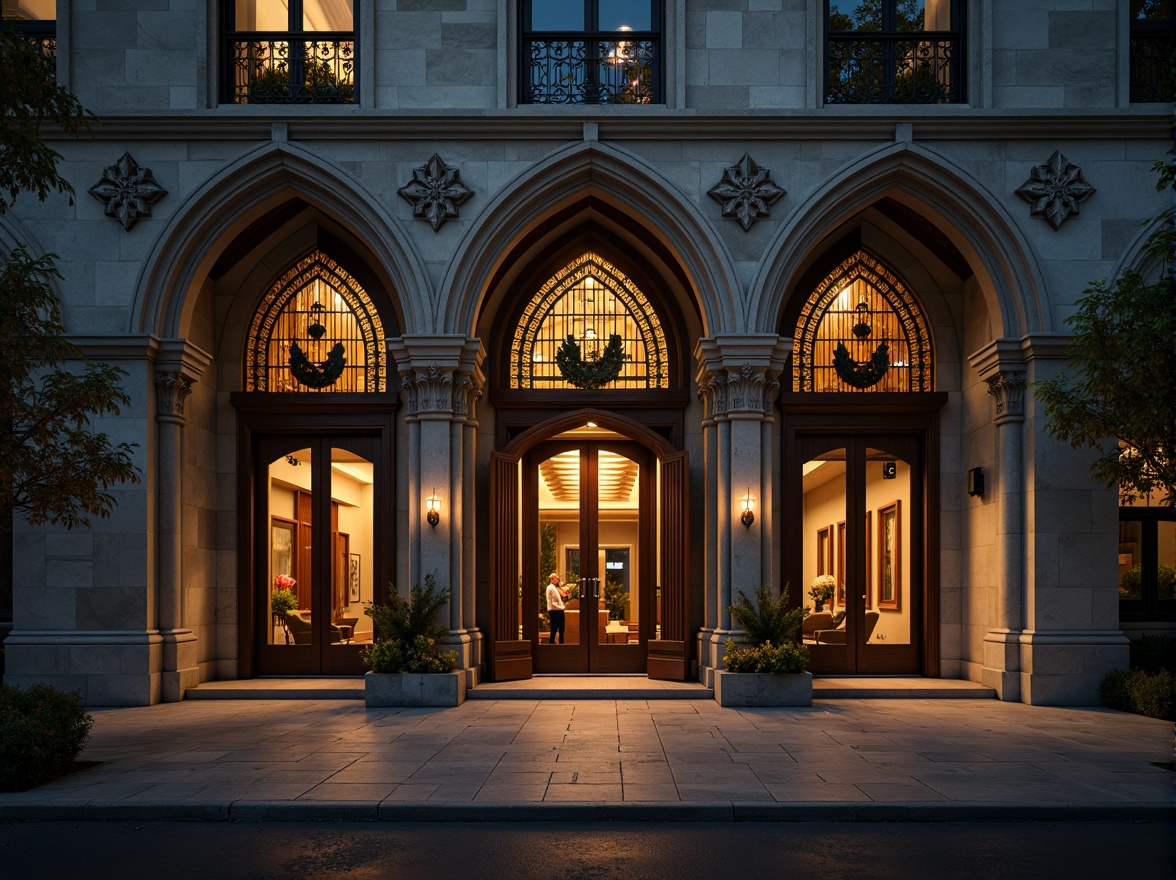 Prompt: Ornate office building facade, Gothic arches, ribbed vaults, flying buttresses, intricate stone carvings, pointed windows, stained glass accents, grand entranceways, heavy wooden doors, ornamental metalwork, dramatic nighttime lighting, warm golden illumination, atmospheric fog effects, high-angle shot, 1/2 composition, cinematic depth of field, richly textured stonework, mysterious ambiance.