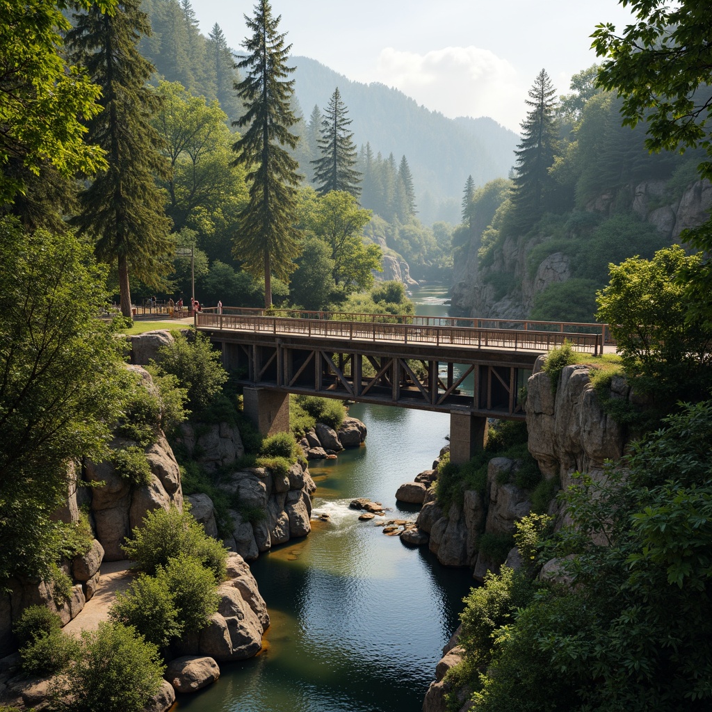 Prompt: Rustic steel bridge, meandering river, lush greenery, rocky cliffs, natural stone foundations, wooden railings, vibrant flowers, scenic overlooks, walking trails, gentle waterfalls, misty atmosphere, warm sunlight, shallow depth of field, 1/2 composition, symmetrical framing, soft focus, ambient occlusion.