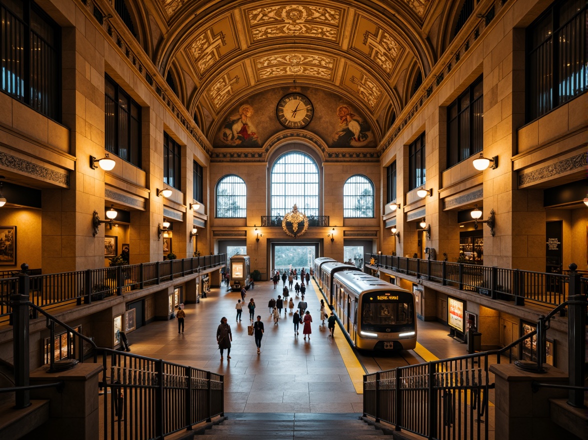 Prompt: Grand metro station, Romanesque archways, ornate stone carvings, vaulted ceilings, intricate mosaics, warm golden lighting, bustling pedestrian traffic, sleek modern trains, polished metal rails, ancient-inspired columns, grand staircases, ornamental ironwork, richly textured walls, atmospheric fog effects, cinematic composition, symmetrical framing, high-contrast lighting, dramatic shadows.