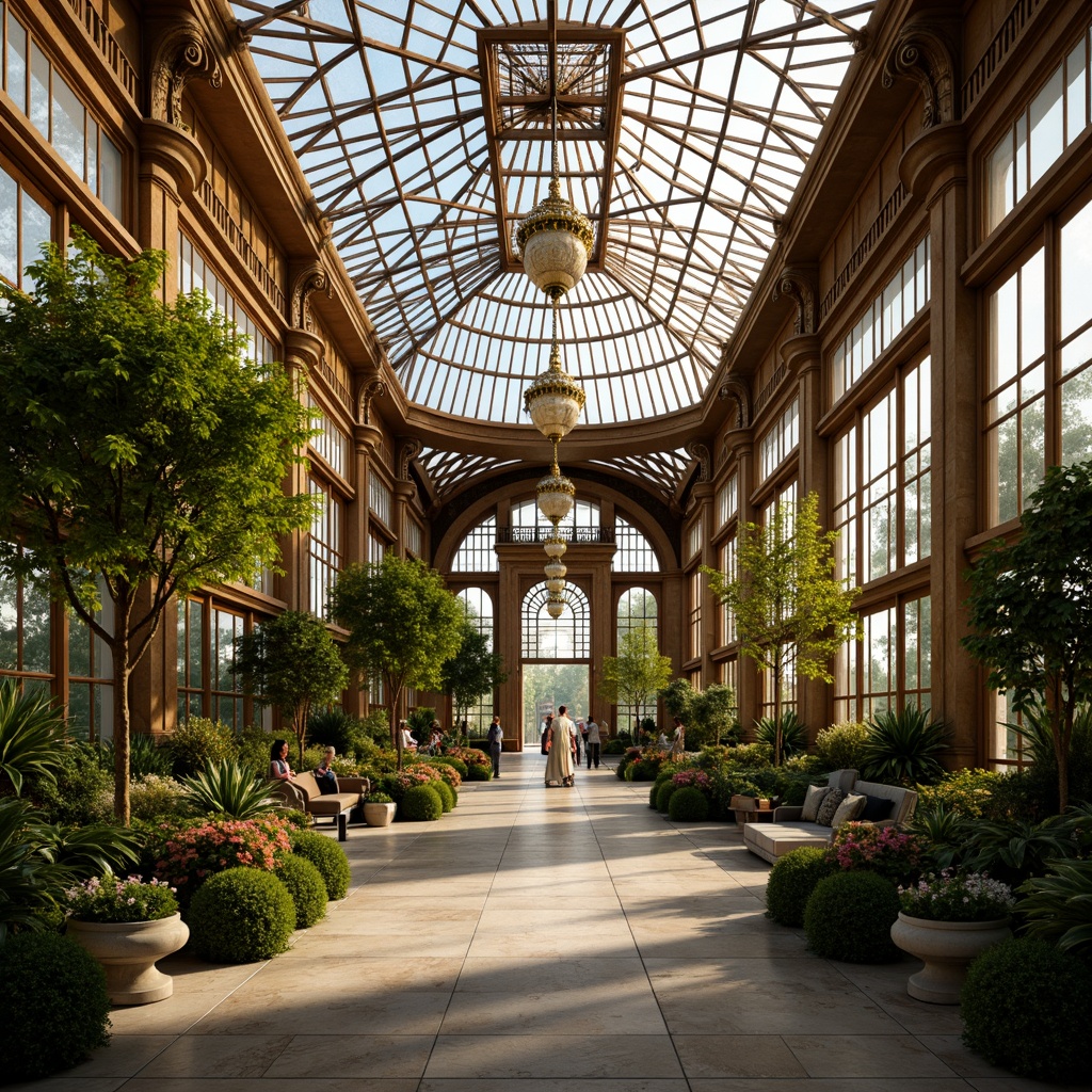 Prompt: Art Deco greenhouse, ornate facades, geometric patterns, lush greenery, vibrant flowers, tropical plants, exotic trees, intricate metalwork, ornamental gates, grand entranceways, opulent chandeliers, stained glass ceilings, marble floors, lavish decorations, luxurious furnishings, warm golden lighting, shallow depth of field, 1/1 composition, close-up shot, realistic textures, ambient occlusion.